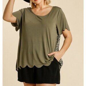 New Umgee Top Olive Green Leopard Animal Print Modal Boho Peasant Plus Size